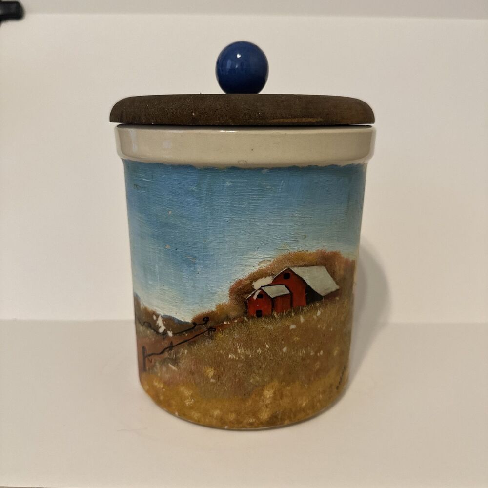 Vintage Hand Painted Barn Country Farmhouse Jar Crock With Wood Lid Signed